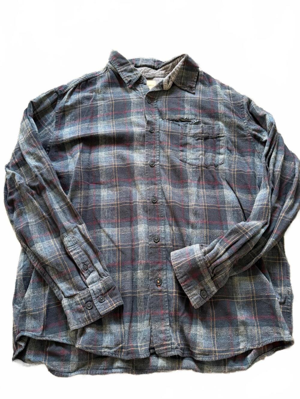 Weatherproof Vintage Mens XL Gray Red Plaid Flannel Shirt Distressed Grunge